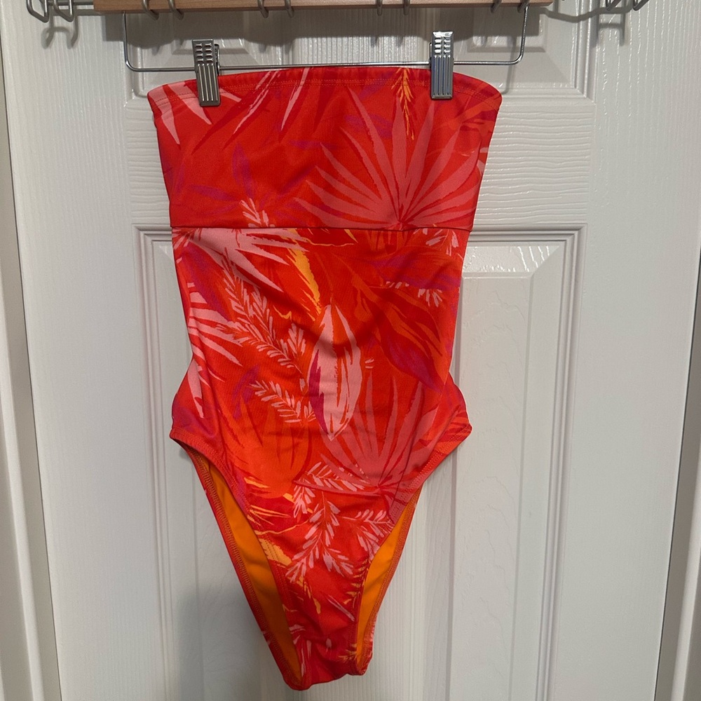 Tropical Red and Orange Strapless Swimsuit